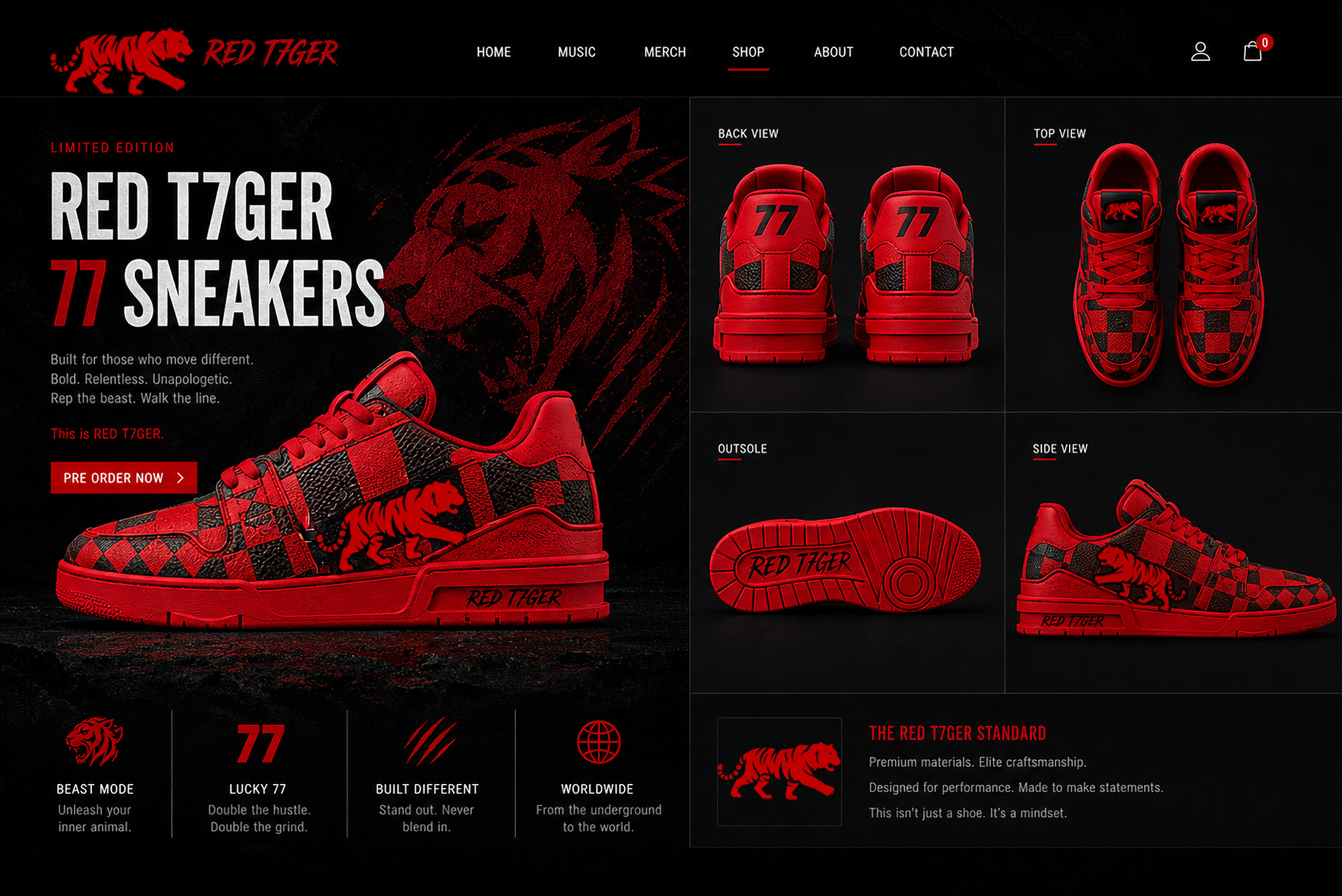 RED T7GER 77 sneakers product concept with red and black shoe views